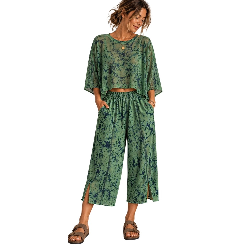Cynthia Ashby Lagenlook 2Pc Green Marbled Mesh Crop Top Wide Leg Pants cotton Lg